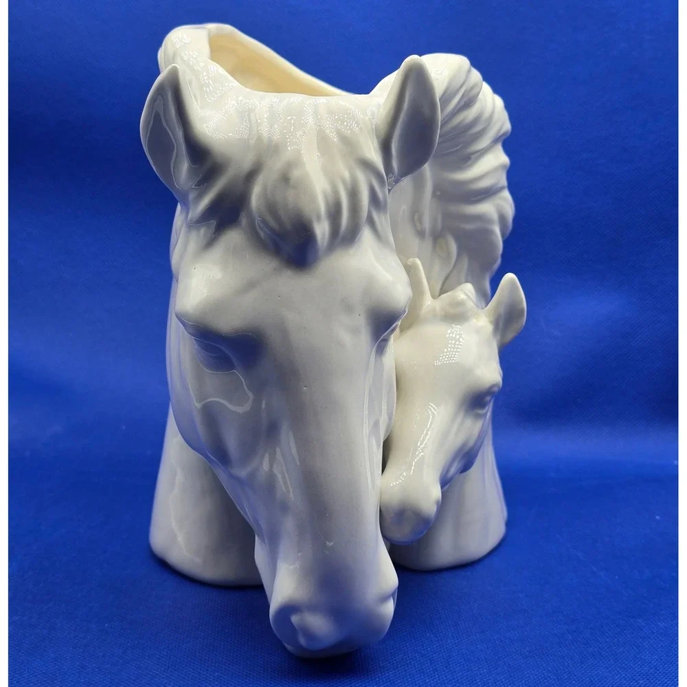 Vintage White Ceramic Horse Mare & Foal Planter Vase Statue Figurine Decor